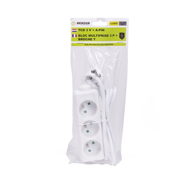 Benson Stekkerdoos 3-voudig - 1.5 meter - Randaarde - Wit