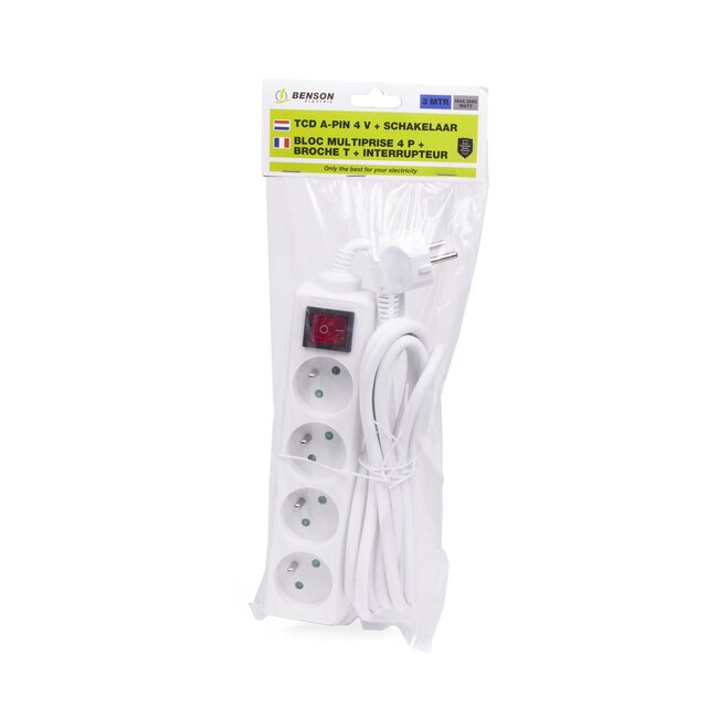 Benson Stekkerdoos met schakelaar - 4-voudig - 3 meter - wit - penaarde