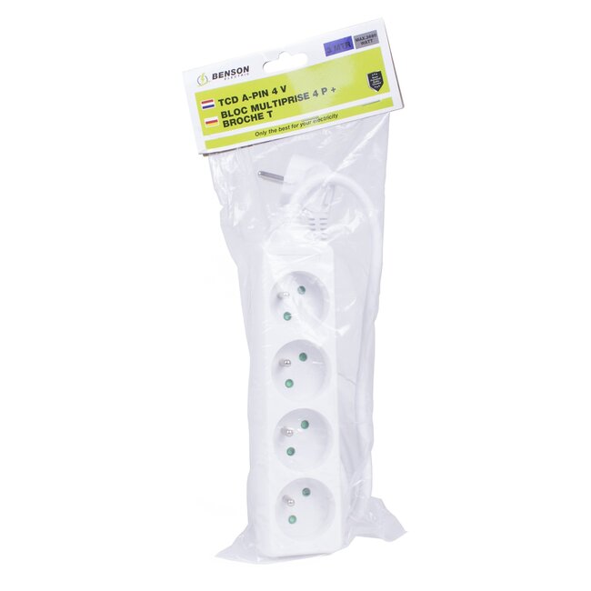 Benson Stekkerdoos 4-voudig - 3 meter - Geaard - Wit - 3500 watt
