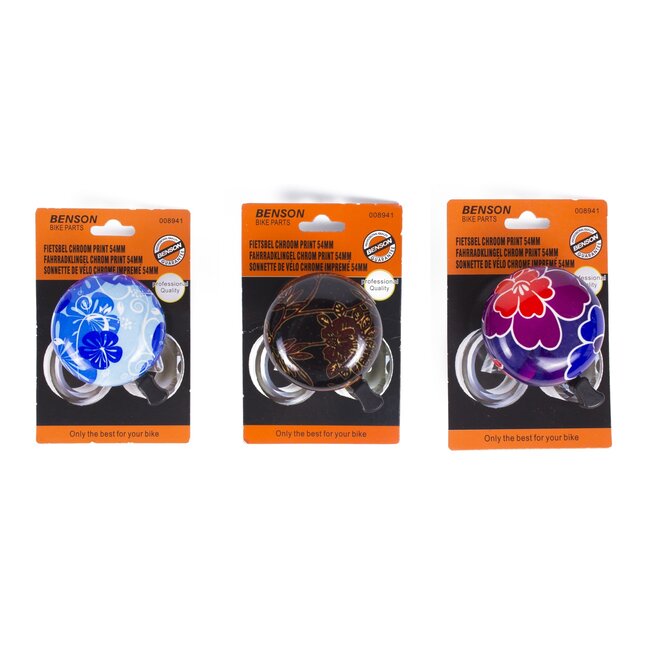Benson Chroom fietsbel - 54 mm - bloemenprints - mix van 3 designs