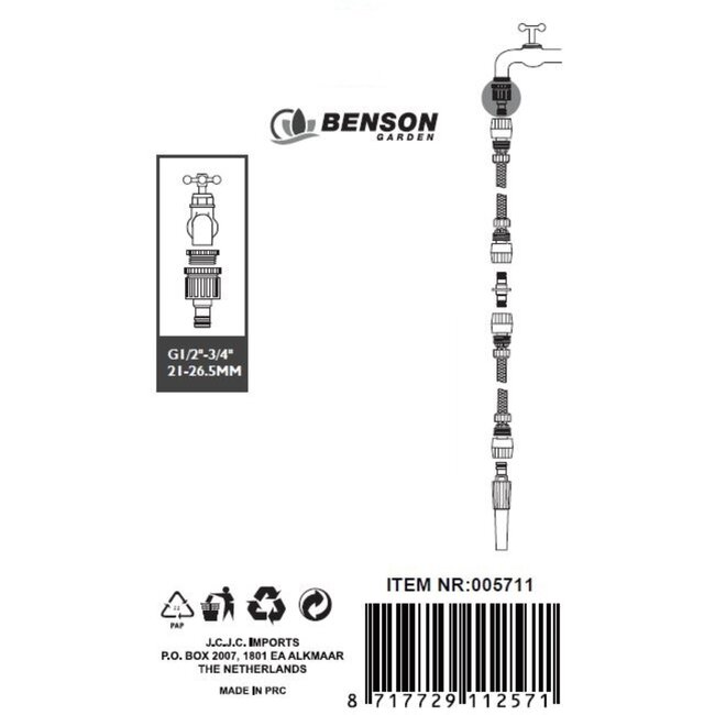 Benson Universele tuinslang adapter - Verloopstuk 1/2" en 3/4" - Duurzaam plastic - 3.5 cm diameter - 4.5 cm hoogte