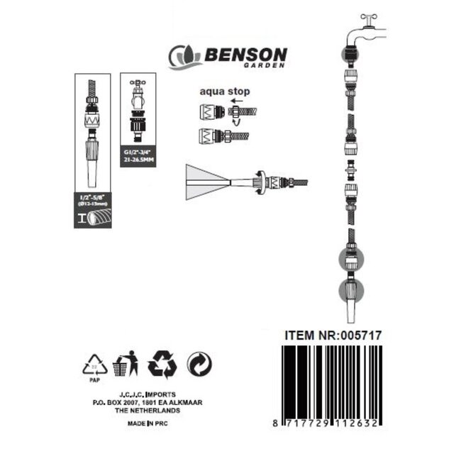 Benson Tuinslangkoppelingen set - 5-delig - inclusief spuitpistool - groen/grijs - kunststof