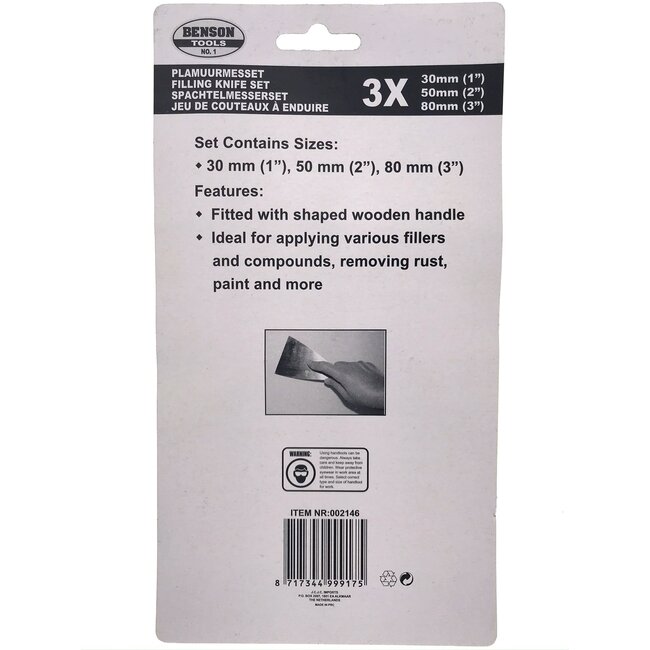 Benson Plamuurmes set - Houten handvat - Flexibel en duurzaam - 3 delig