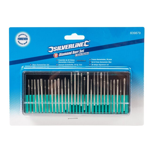Silverline slijpstiften set diamant-gecoat slijpen 2,35 mm schacht zilver 30-delig multigereedschap modelbouw en sieraden