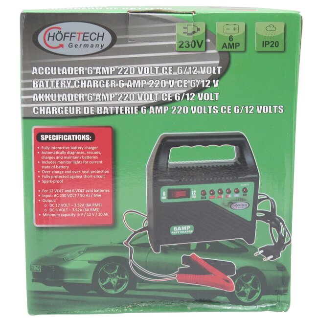 Hofftech Acculader - 6V & 12V - 2, 4 & 6 Ampère - Veilig & Snel Opladen - CE Goedgekeurd