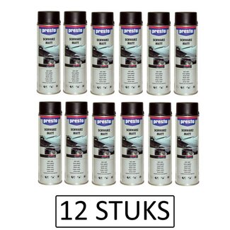 Presto Mat zwarte spuitlak - weer- en krasbestendig - 500 ml - 12 stuks