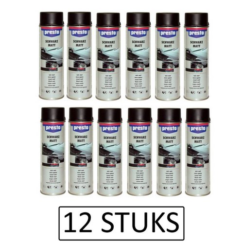 Presto Verf Spuitbus - Spuitlak - Lak Zwart Mat - 500 ml - 12 stuks Presto Verf Spuitbus - Spuitlak - Lak Zwart Mat - 500 ml - 12 stuks