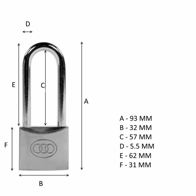 Tri-Circle Messing hangslot - lange beugel - dubbele vergrendeling - 32 x 93 mm - inclusief 3 sleutels
