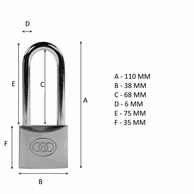 Tri-Circle Messing hangslot - lange beugel - dubbele vergrendeling - 38 x 110 mm - inclusief 3 sleutels