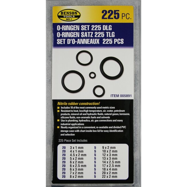 Benson O-ringen set - 15 maten - 225 stuks - assortimentsbox - rubber