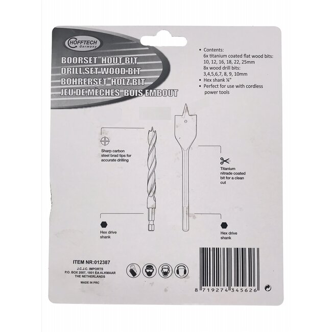 Hofftech Boor- en bitset hout - 3 t/m 25 mm - 14-delig - 1/4 inch aansluiting