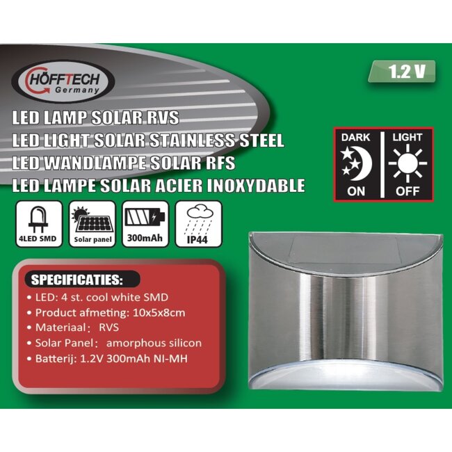 Hofftech Stijlvolle LED wandlamp - solar - RVS - IP44 - 10x5x8 cm
