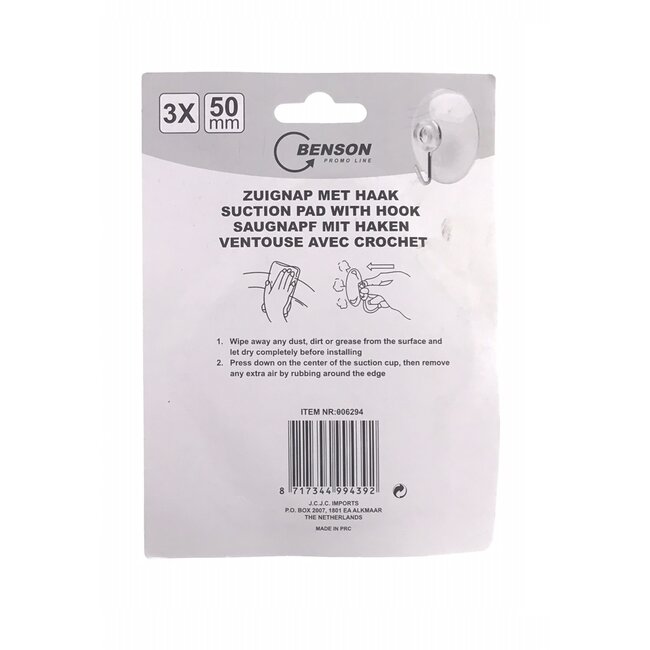 Benson Zuignap met haak - 45 mm - wit - set van 3 - eenvoudig te bevestigen