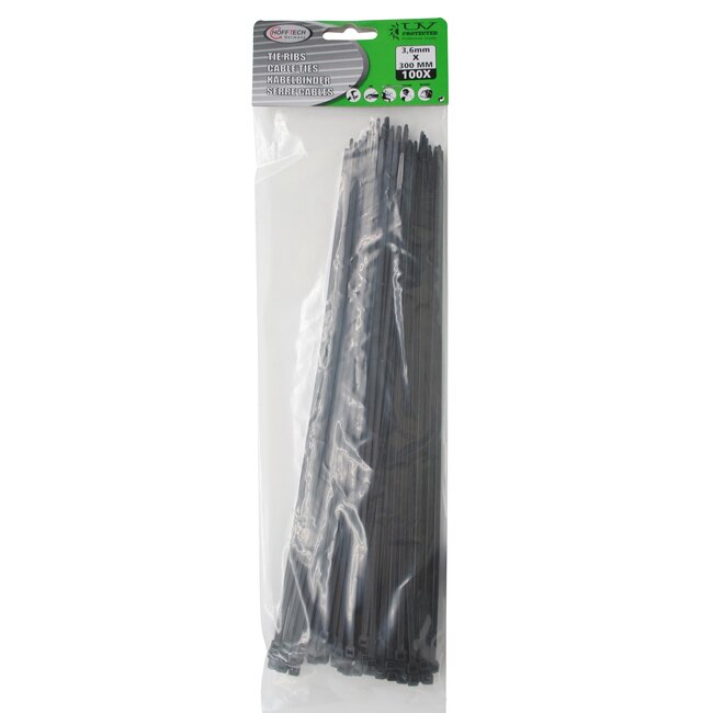 Hofftech Zwarte tie ribs - 3.6 x 300 mm - 100 stuks - UV-bestendig - Duurzaam nylon