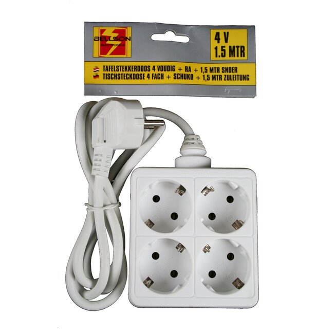 Benson Vierkante stekkerdoos - 4 aansluitpunten - 1.5 meter snoer - geaard - wit