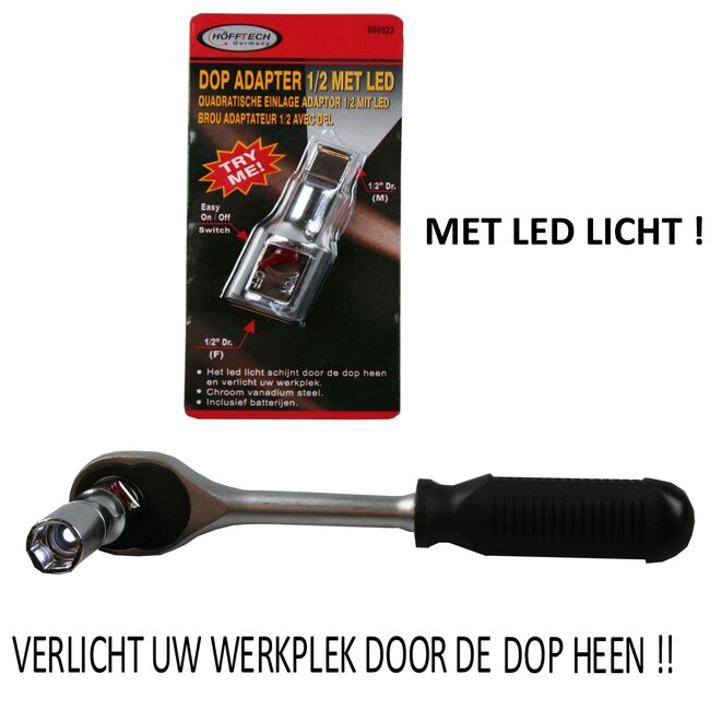 Hofftech Dop adapter - met LED-verlichting - verchroomd staal - inclusief batterijen - 6,5 x 2 cm