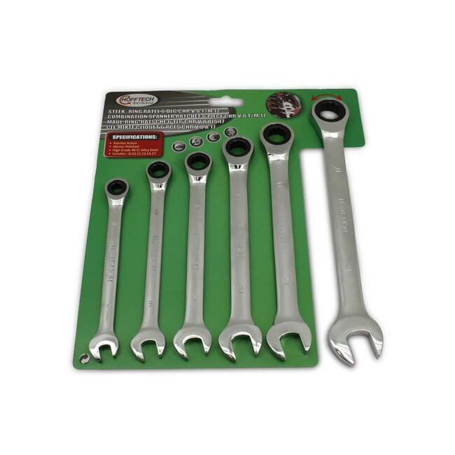 Hofftech 6-delige ringratelsleutelset - chroom-vanadiumstaal - 8 t/m 17 mm - hoogglans gepolijst
