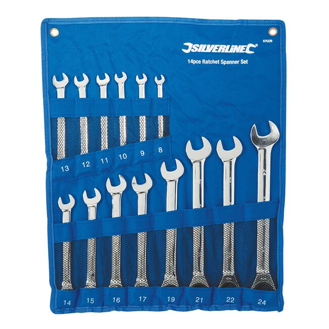 Silverline 14-delige ringratelsleutelset - 5° ratelactie - 180° kantelbare kop - 8 t/m 24 mm