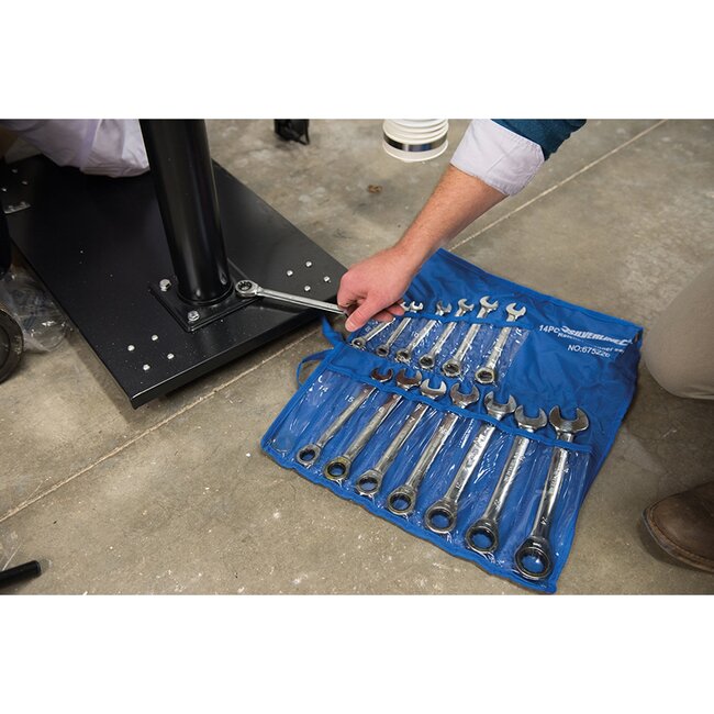 Silverline ringratelsleutelset - chroom-vanadiumstaal - 5° ratel, 180° kantelkop - 8 t/m 24 mm - chroom - 14-delig - krappe plekken