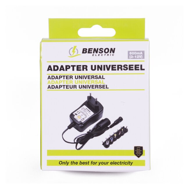 Benson Universele adapter - Verwisselbare tips - 600mA - 3-12V - 1 meter kabel - Zwart