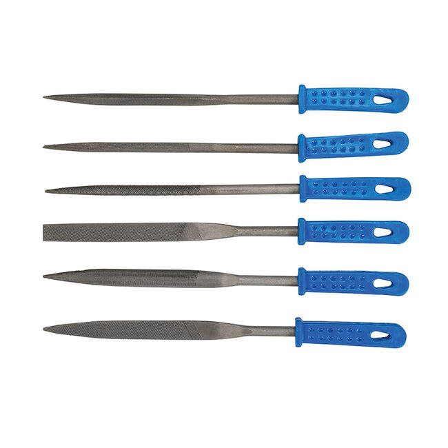 Silverline Naaldvijlenset - gehard staal - vijlen en ontbramen - 100 mm - blauw - 6-delig - diverse profielen, voor precisiewerk
