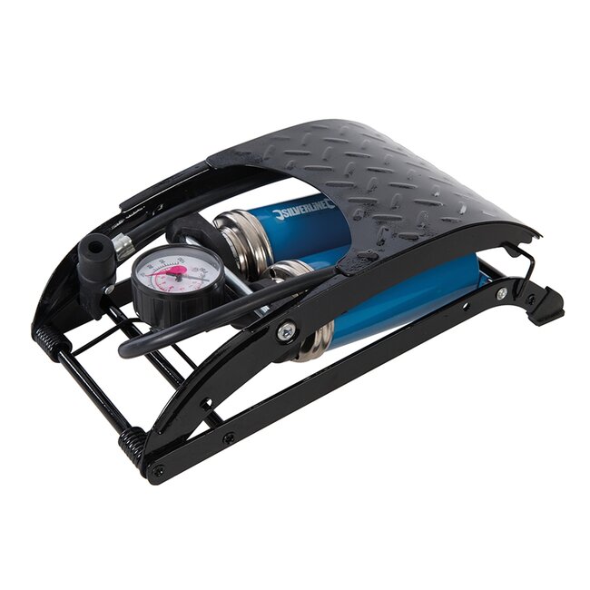 Silverline Voetpomp - staal en rubber - dubbele cilinder met manometer - 470 cm³ - blauw/zwart - 7 bar - voor banden en boten