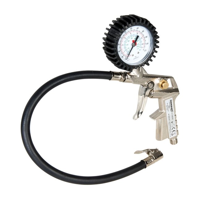 Silverline Bandenpomp met manometer - vernikkeld metaal - 40 cm slang - zwart - max. 8 bar - voor auto- en hollands ventiel