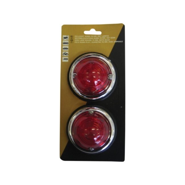 Dragon-Tools Zijmarkeringslampen - verchroomde ring en rubberen basis - rond - 70 mm - rood - 2 stuks - voor auto en aanhanger