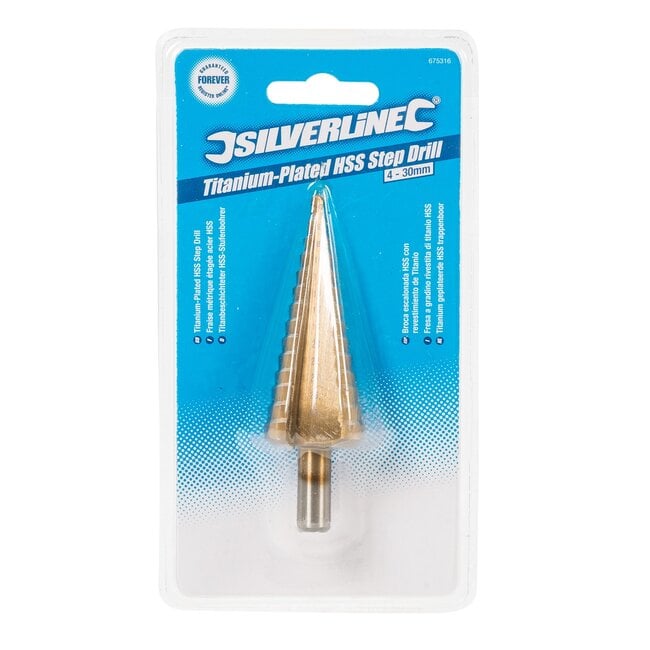 Silverline trappenboor - snelstaal met titaniumlaag - heldere 2 mm markeringen - 4-30 mm - goudkleurig - voor metaal en kunststof