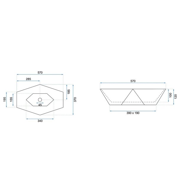REA 6-hoekige opzetwastafel - graniet glans - 57x37x12 cm - antibacterieel - vuilafstotend