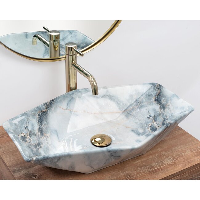 REA 6-hoekige opzetwastafel - graniet glans - 57x37x12 cm - antibacterieel - vuilafstotend