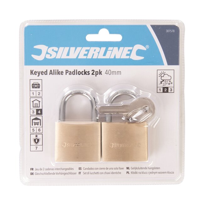 Silverline Hangsloten - messing kast, stalen beugel - gelijksluitend - 40 mm - messingkleurig - 2 stuks - voor poort en schuur