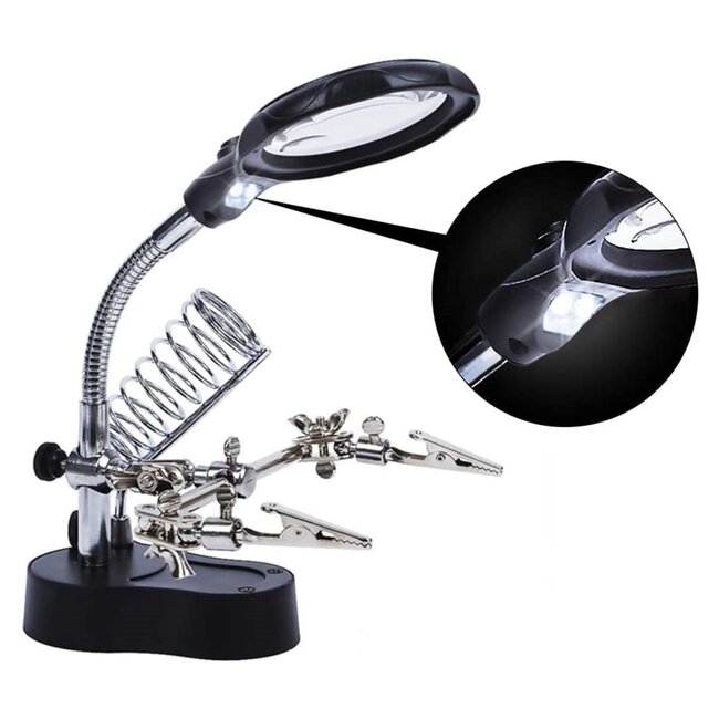 Benson Derde handje met LED-verlichting en vergrootglas - precisiewerk en soldeerwerk - 7 cm zwanenhals - 2 lenzen - soldeerbouthouder