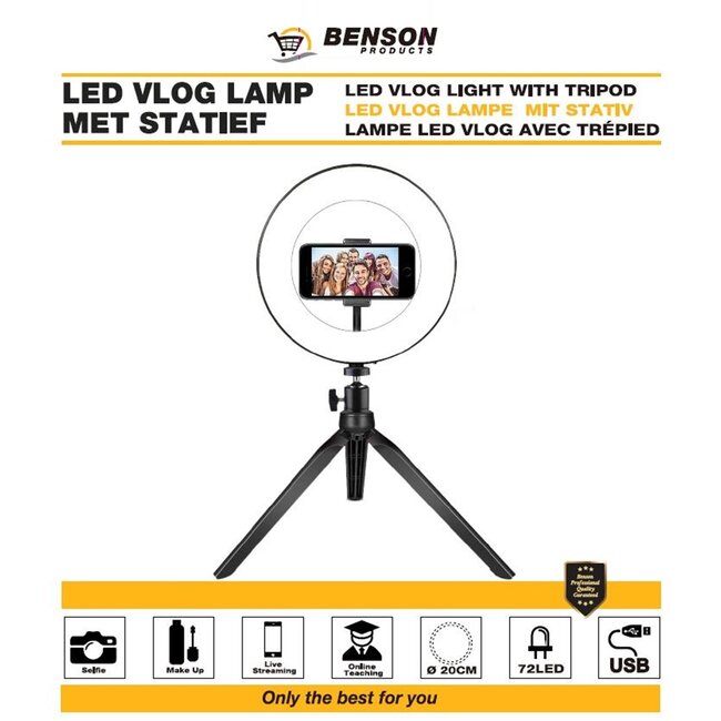 Benson Ronde LED-ringlamp met statief - 20 cm - instelbare kleurtemperatuur - USB-aansluiting
