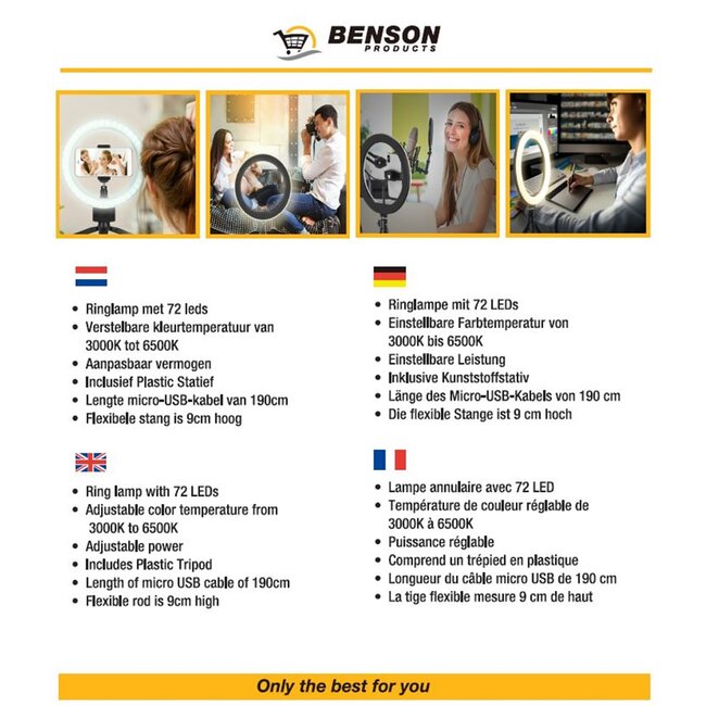 Benson Ronde LED-ringlamp met statief - 20 cm - instelbare kleurtemperatuur - USB-aansluiting