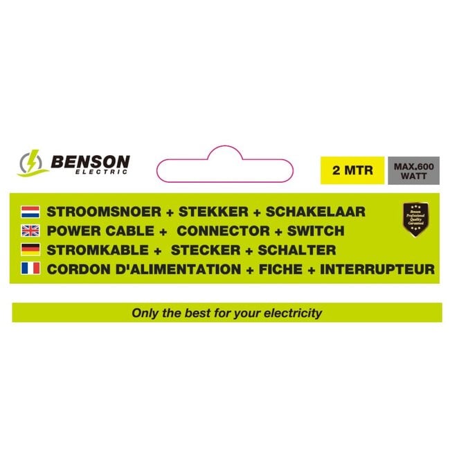 Benson Stroomsnoer met schakelaar - zwart - 2 meter - CE en VDE keurmerk