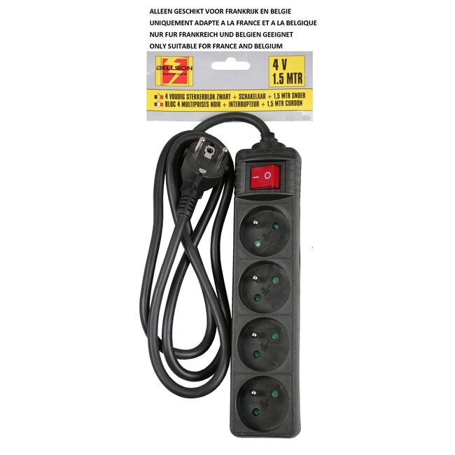 Benson Stekkerdoos met schakelaar - 1,5 meter kabel - 4-voudig - zwart - geaard