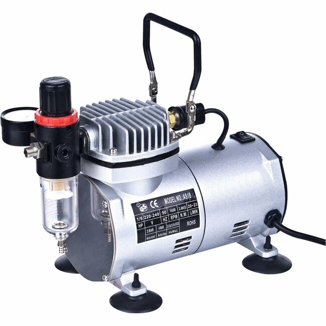Hofftech Mini airbrush compressor - olievrij - geluidsarm - compact - met drukregelaar en luchtfilter