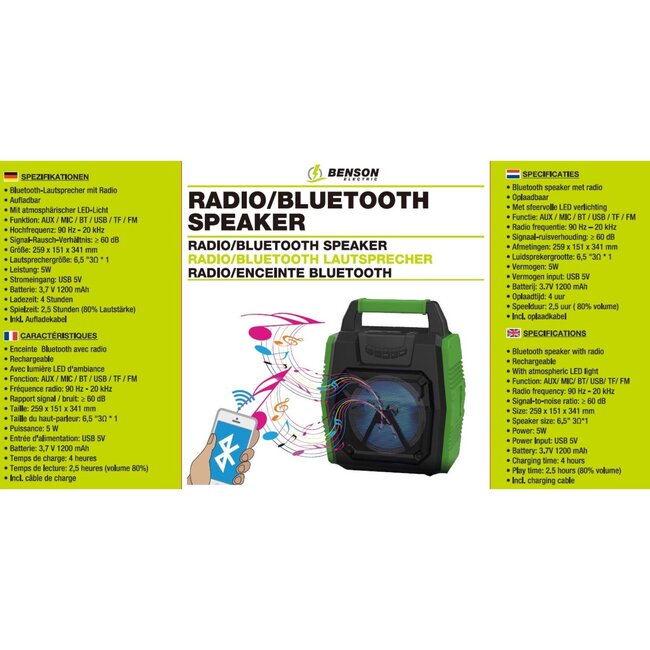 Benson Bluetooth speaker - zwart/groen - radio - LED verlichting - 25.9 x 15.1 x 34.1 cm