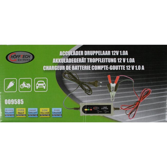 Hofftech Acculader druppelaar - 12V - 1.0A - Spatwaterdicht - Wintermodus - Compact formaat