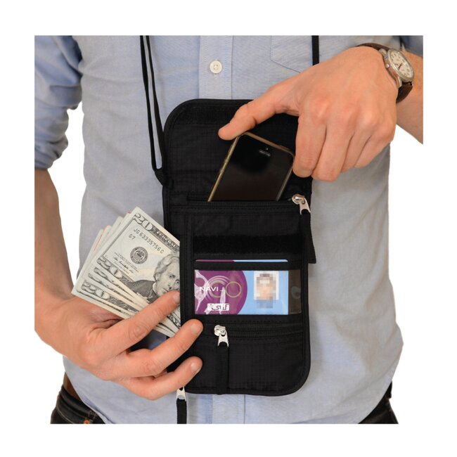 Benson Reisportemonnee - Halsportemonnee - Zwart - Compact - Verstelbare riem - 17 × 14 cm