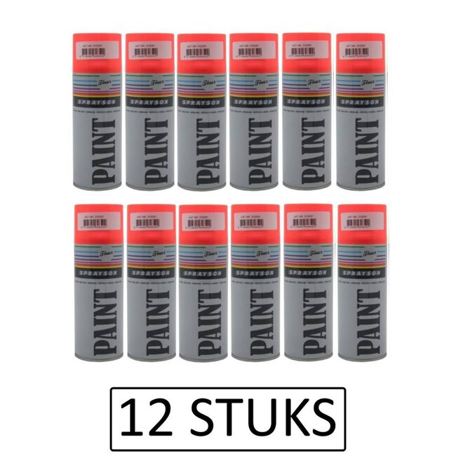 Sprayson Fluor Rood/Oranje Verf Spuitbus - 400 ml - 12 stuks - Voor Diverse Ondergronden