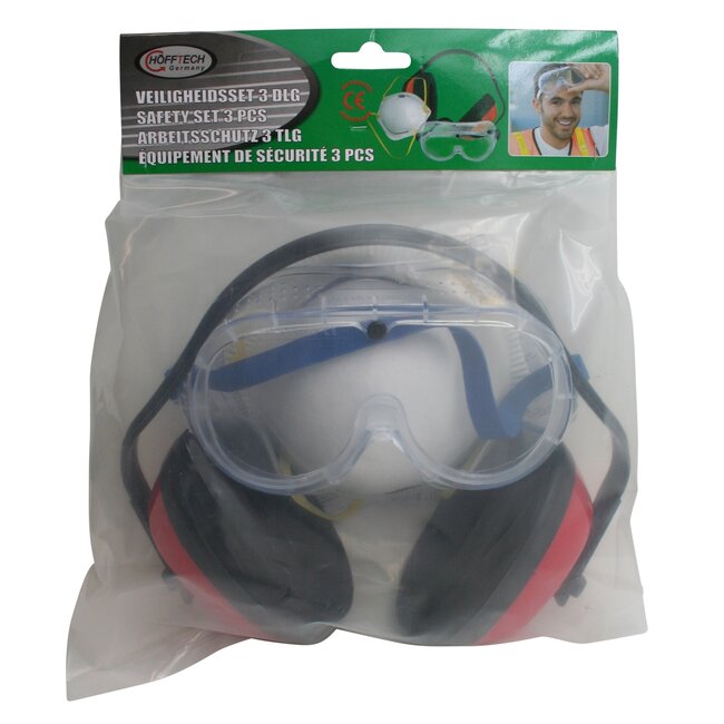 Hofftech Complete veiligheidsset - bril, gehoorbeschermer en stofmasker - CE keur - zwart/oranje - 3-delig