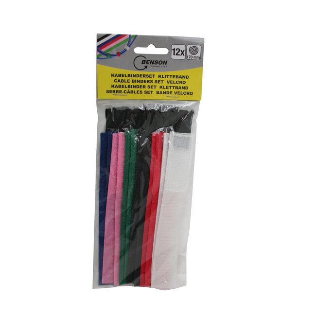 Benson Klittenband kabelbinderset - herbruikbaar - 12 stuks - verschillende kleuren