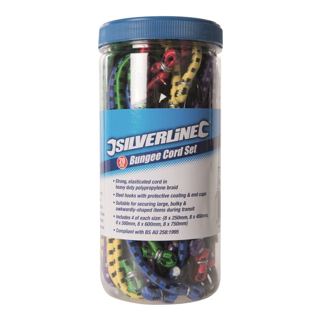 Silverline Spanelastieken met haken - polypropyleen en metaal - ladingzekering - 25-75 cm - meerkleurig - 20 stuks - aanhanger/auto