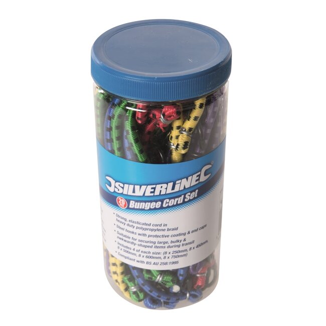 Silverline Spanelastieken met haken - polypropyleen en metaal - ladingzekering - 25-75 cm - meerkleurig - 20 stuks - aanhanger/auto