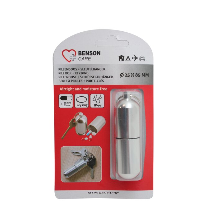 Benson Zilveren aluminium pillendoosje - waterdicht - met sleutelring - 25 × 85 mm
