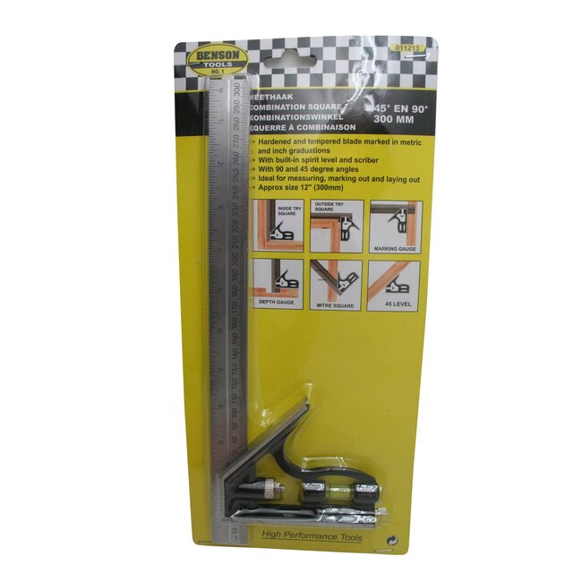 Benson Combinatie winkelhaak - 45 en 90 graden - 300 mm - gehard staal - gietaluminium handvat