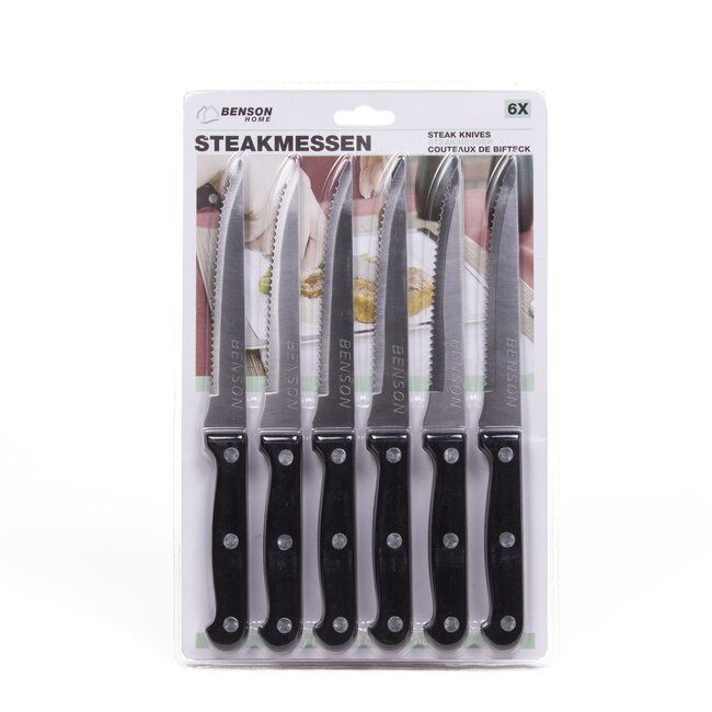 Benson Steakmessenset - RVS - Gekarteld Lemmet - Zwart - 6 stuks