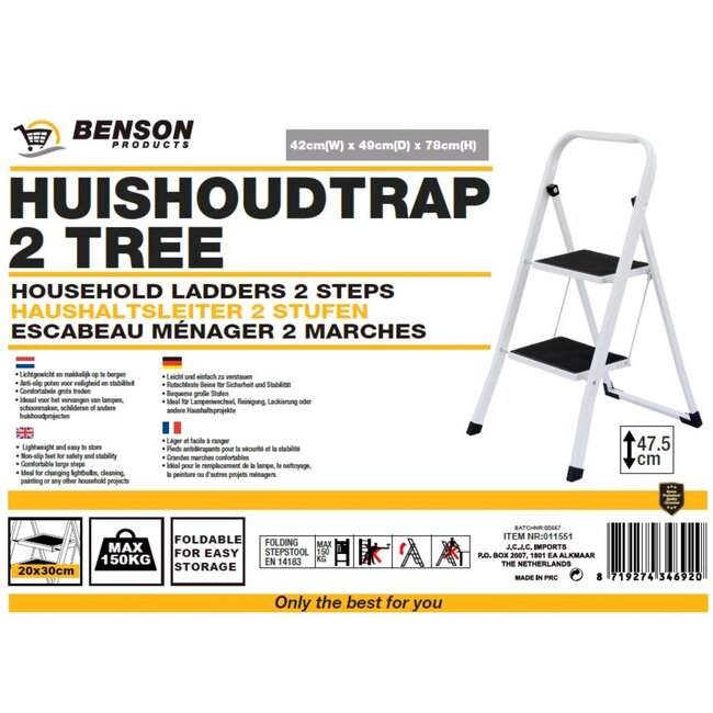 Benson Handige keukentrap - 2 treden - anti-slip - inklapbaar - draagvermogen 150 kg